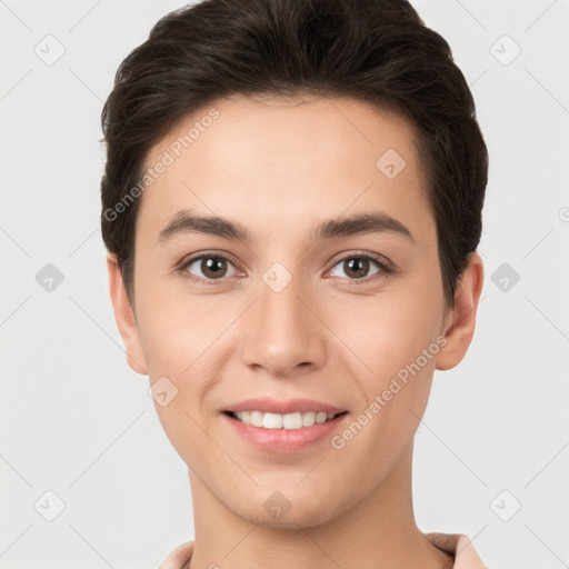 Joyful white young-adult female with short  brown hair and brown eyes