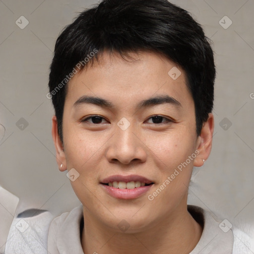 Joyful asian young-adult male with short  black hair and brown eyes