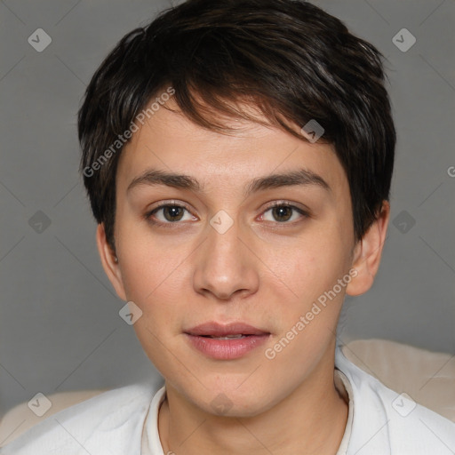 Neutral white young-adult female with short  brown hair and brown eyes