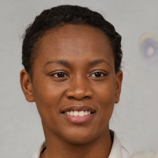 Joyful black young-adult female with short  brown hair and brown eyes