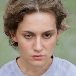 Neutral white young-adult female with short  brown hair and brown eyes