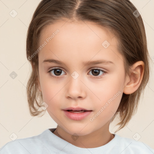 Joyful white child female with medium  brown hair and brown eyes