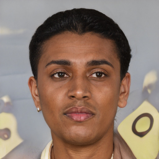 Neutral latino young-adult male with short  black hair and brown eyes