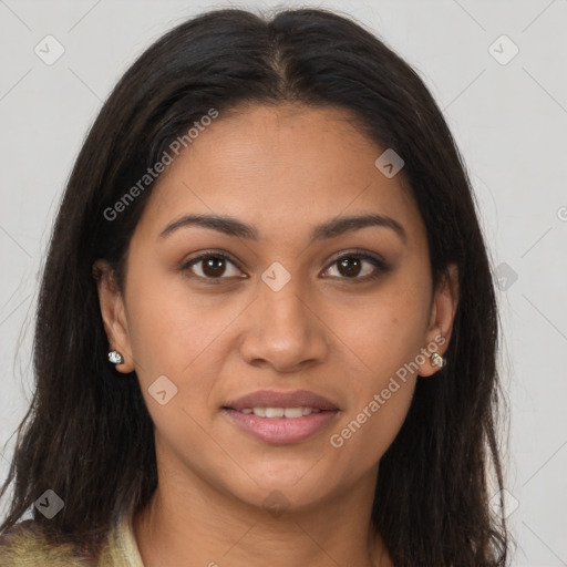 Joyful latino young-adult female with long  brown hair and brown eyes