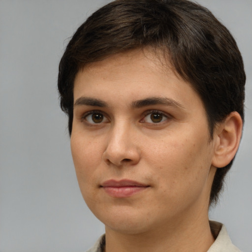 Neutral white young-adult female with short  brown hair and brown eyes