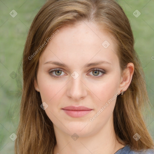 Joyful white young-adult female with long  brown hair and green eyes