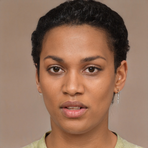 Neutral latino young-adult female with short  black hair and brown eyes