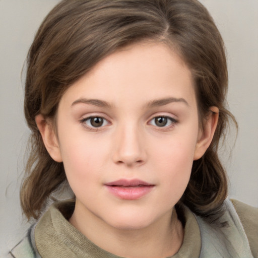 Neutral white child female with medium  brown hair and grey eyes