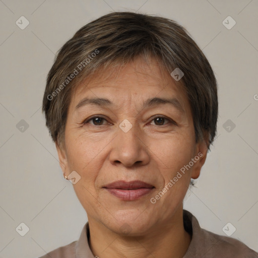 Joyful white adult female with short  brown hair and brown eyes