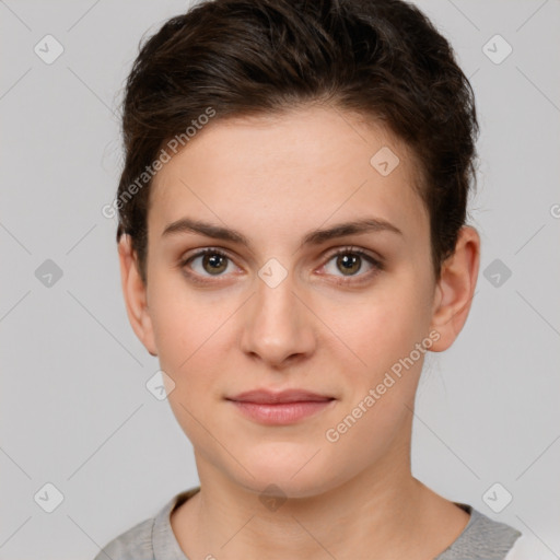 Neutral white young-adult female with short  brown hair and brown eyes