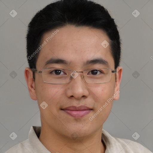 Joyful asian young-adult male with short  brown hair and brown eyes