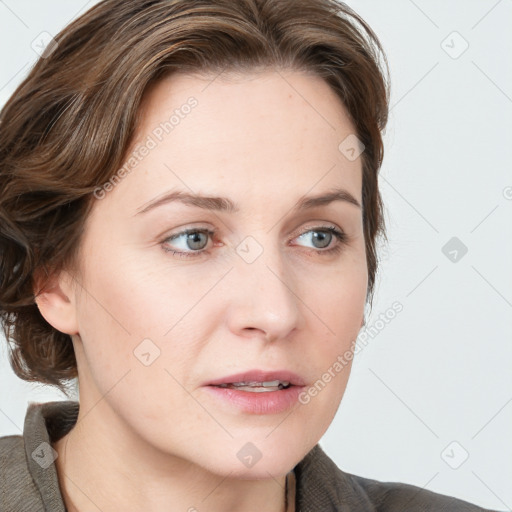 Neutral white young-adult female with medium  brown hair and grey eyes