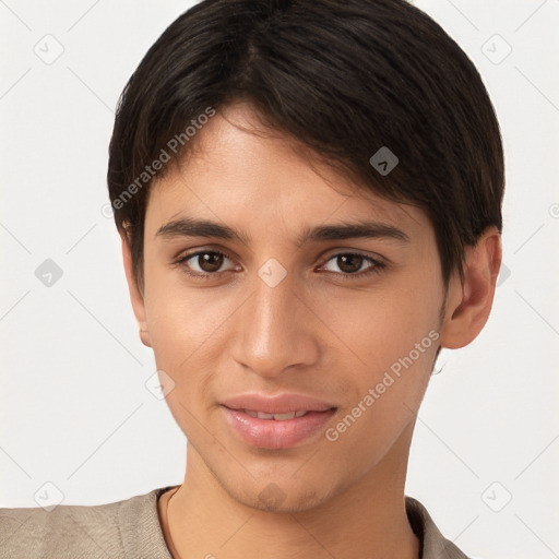 Joyful white young-adult female with short  brown hair and brown eyes