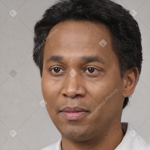 Joyful black adult male with short  black hair and brown eyes