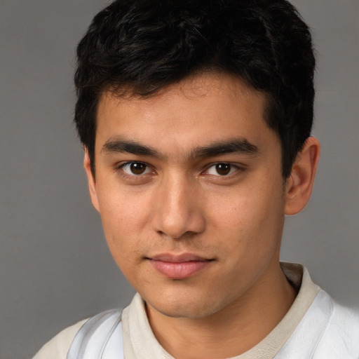 Neutral asian young-adult male with short  brown hair and brown eyes