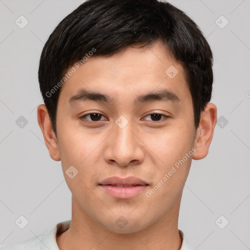 Neutral asian young-adult male with short  brown hair and brown eyes
