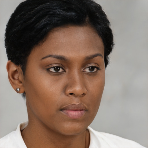Neutral black young-adult female with short  brown hair and brown eyes