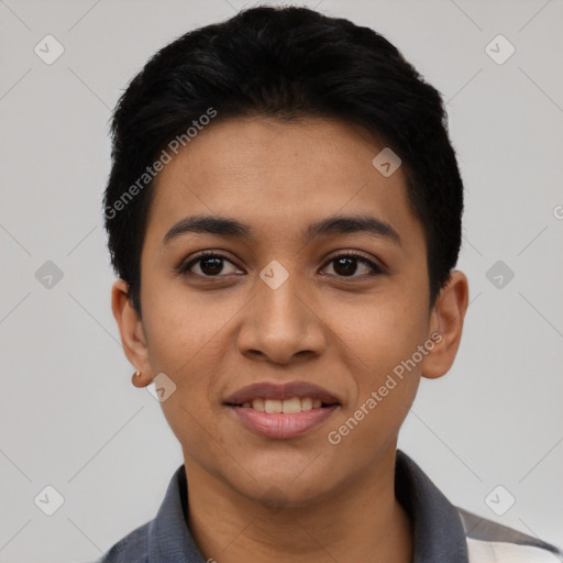 Joyful latino young-adult female with short  black hair and brown eyes