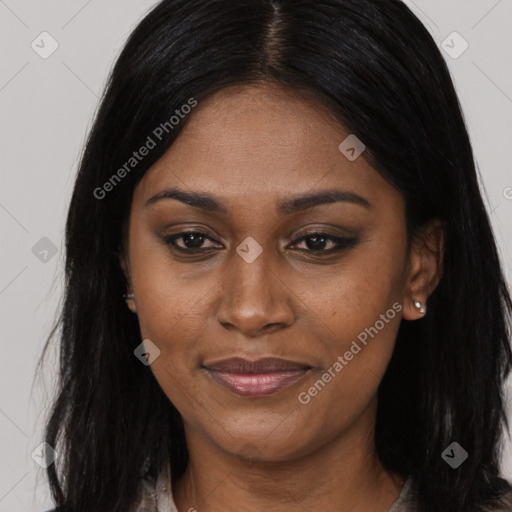 Joyful asian young-adult female with long  brown hair and brown eyes