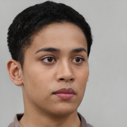 Neutral latino young-adult female with short  brown hair and brown eyes