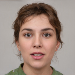 Neutral white young-adult female with medium  brown hair and brown eyes