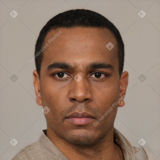 Neutral latino young-adult male with short  black hair and brown eyes
