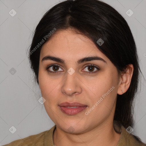 Joyful white young-adult female with medium  brown hair and brown eyes