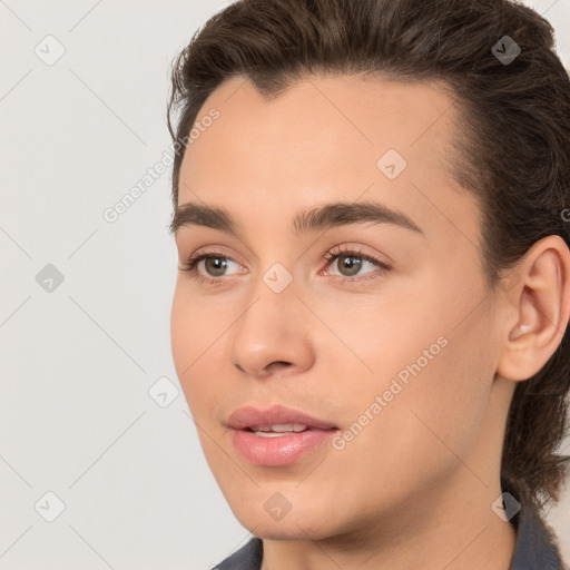 Joyful white young-adult male with medium  brown hair and brown eyes