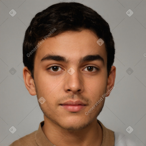 Neutral latino young-adult male with short  brown hair and brown eyes