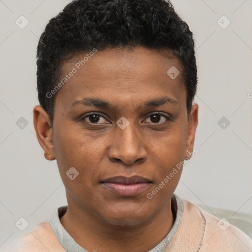 Joyful black young-adult male with short  brown hair and brown eyes
