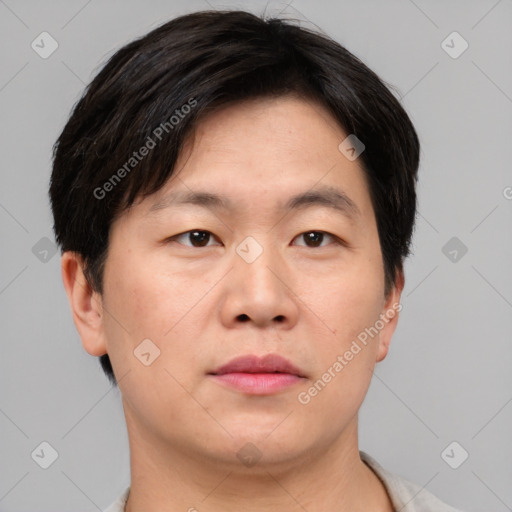 Neutral asian adult male with short  brown hair and brown eyes