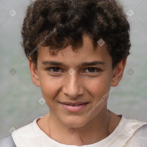 Joyful white child male with short  brown hair and brown eyes