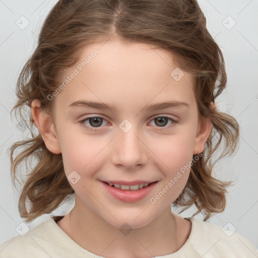 Joyful white child female with medium  brown hair and brown eyes