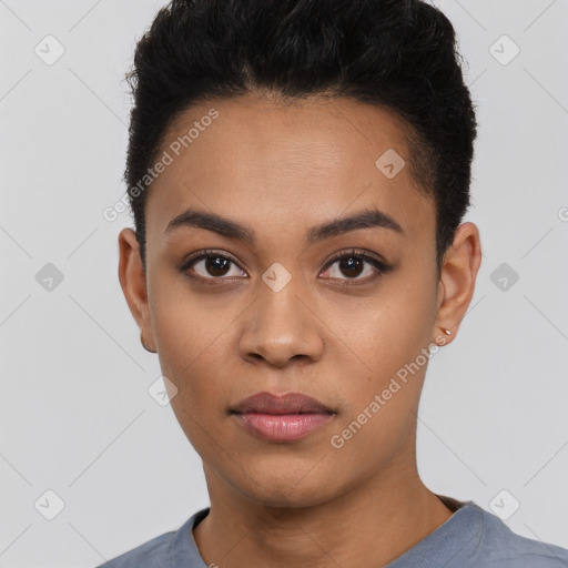 Neutral latino young-adult female with short  black hair and brown eyes