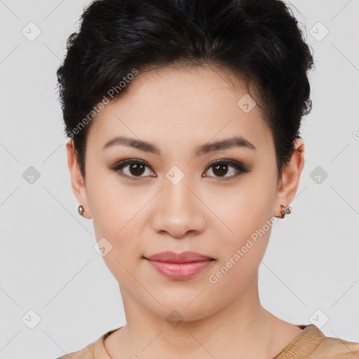 Joyful latino young-adult female with short  brown hair and brown eyes