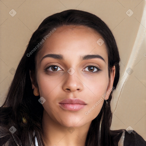 Neutral latino young-adult female with long  black hair and brown eyes