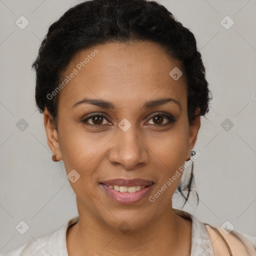 Joyful latino young-adult female with short  brown hair and brown eyes