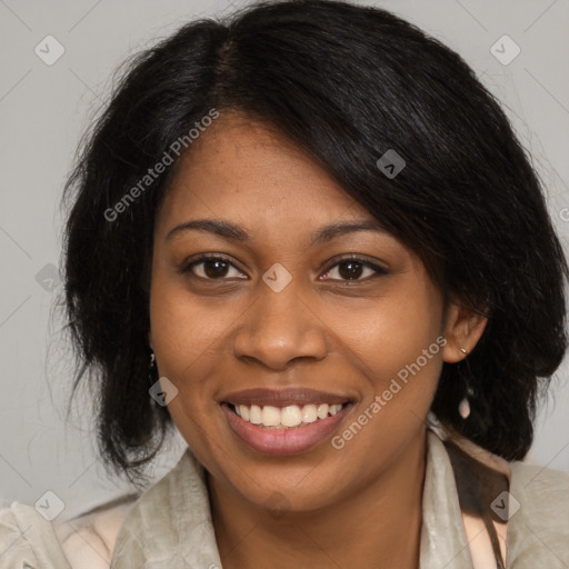 Joyful black young-adult female with medium  brown hair and brown eyes