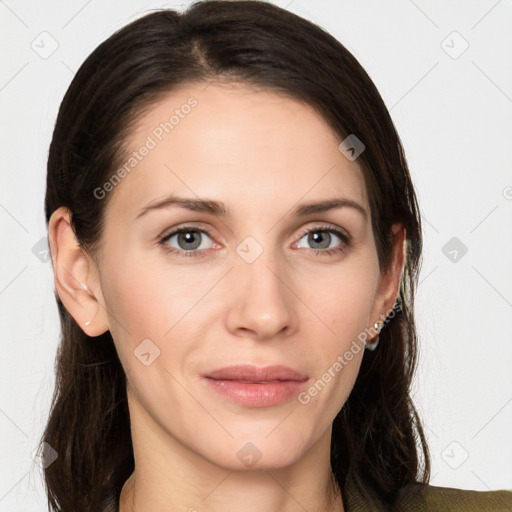 Joyful white young-adult female with long  brown hair and grey eyes