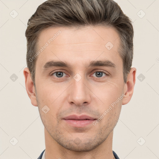 Neutral white young-adult male with short  brown hair and brown eyes