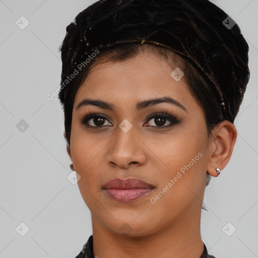 Joyful latino young-adult female with short  black hair and brown eyes