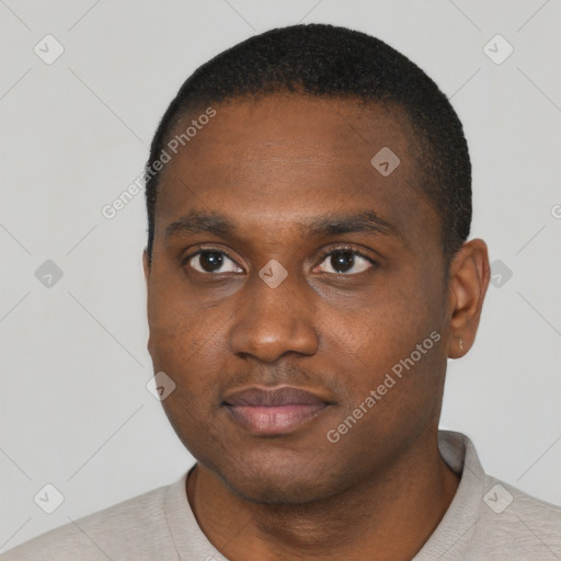 Neutral black young-adult male with short  black hair and brown eyes