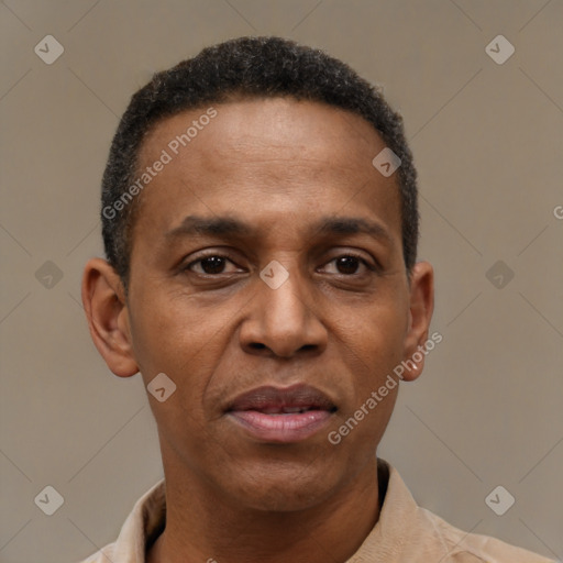 Joyful latino adult male with short  black hair and brown eyes