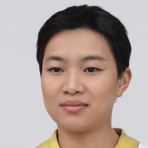 Neutral asian young-adult female with short  black hair and brown eyes
