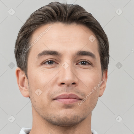 Neutral white young-adult male with short  brown hair and brown eyes