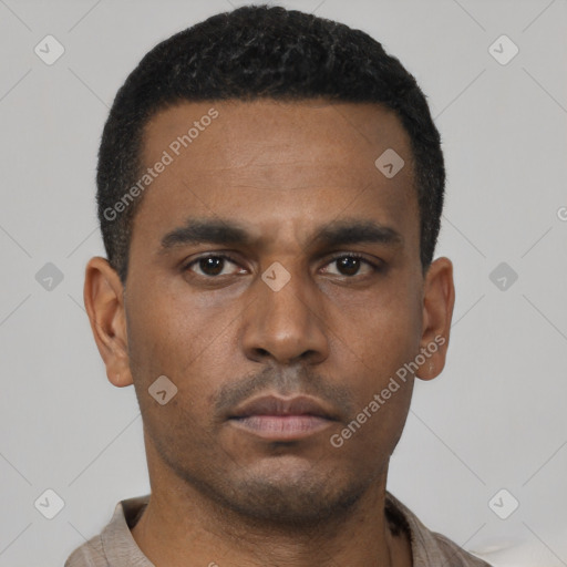 Neutral latino young-adult male with short  black hair and brown eyes
