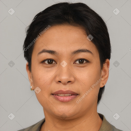 Joyful asian young-adult female with short  brown hair and brown eyes