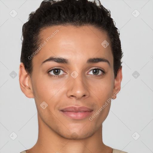 Joyful latino young-adult female with short  brown hair and brown eyes