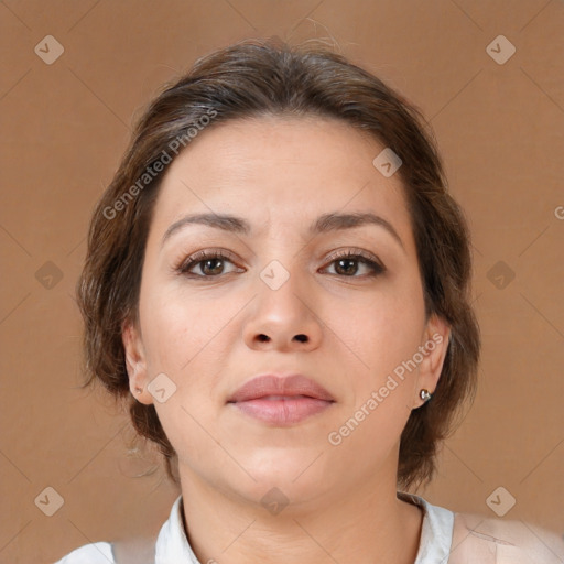 Neutral white young-adult female with medium  brown hair and brown eyes