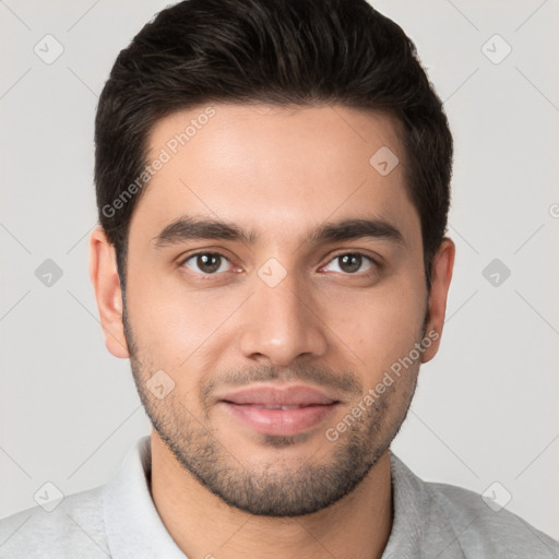 Joyful white young-adult male with short  brown hair and brown eyes